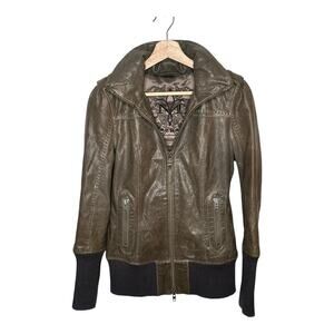 Vintage Mackage I Olive Green Lamb Leather Hidden Hood Biker Aviator Jacket  I S